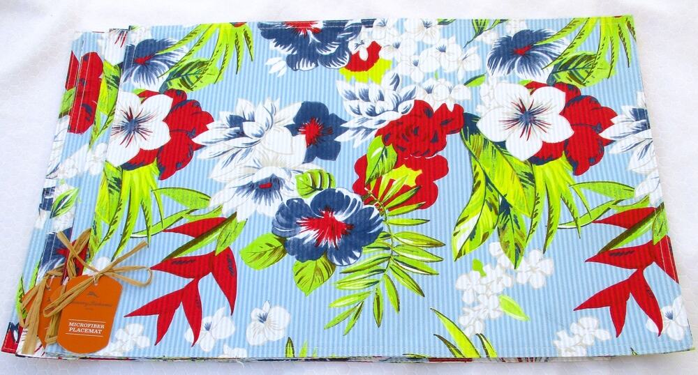 Nwt Set 4 TOMMY BAHAMA Seersucker Stripe Tropical Print Microfiber Placemats